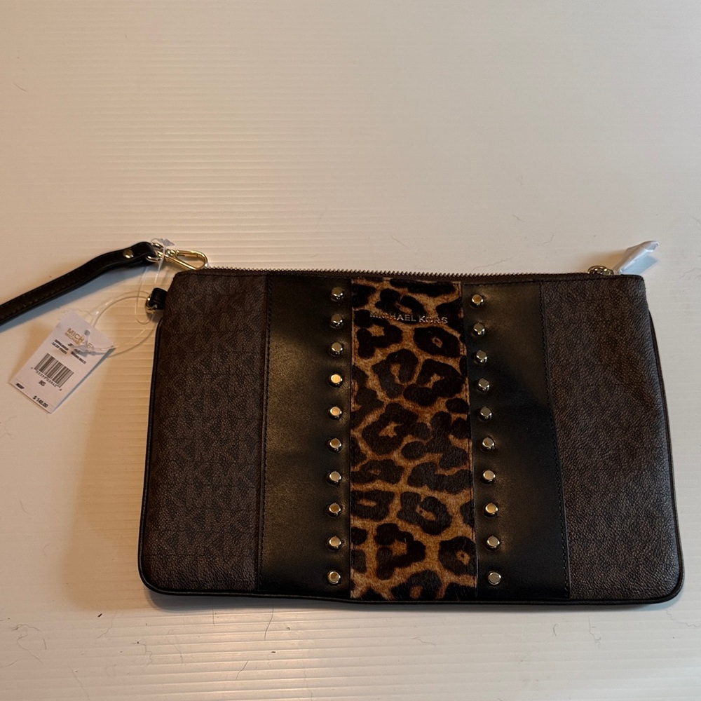 Michael Kors Calf Hair Black and Brown Leopard Print Clutch with Gold Hardware